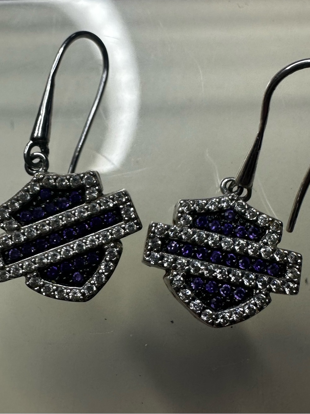Harley-Davidson Silver-Tone Shield Earrings with Purple and Clear Crystals